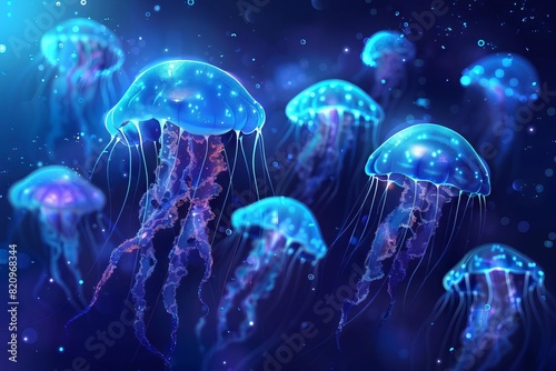 mysterious glowing jellyfish in the deep ocean underwater fantasy illustration