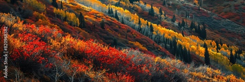 A rich tapestry of autumn colors blankets the slopes of mountainous terrain.
