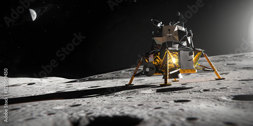 A lunar lander sits on the moon's surface, its descent engine ready for the next journey