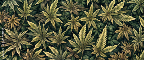 Cannabis texture. Green leaves of marijuana. Background from hemp leaves. Nature banner