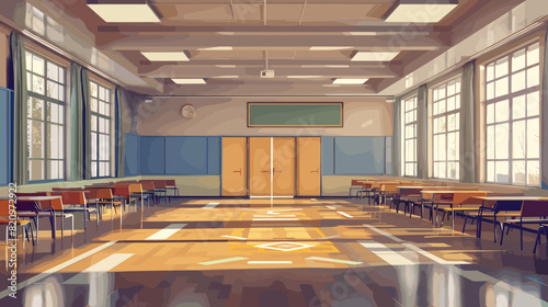  Empty School Hall Interior with Open Door to Classroom, Educational Institution Architecture
