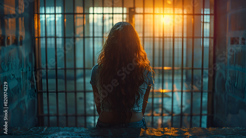 Woman Sitting Locked Up in Prison. Human Rights, A dark room with a female in an isolated position in the style of imaginative prison scenes 