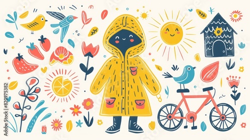 Hand-drawn spring elements including a raincoat, balance bike, birdhouse, and cheerful sun, in a vibrant doodle style.