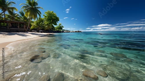 Panoramic view of a beautiful tropical beach on the Seychelles
