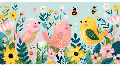 Playful illustration of springtime icons like bees, birds, flowers, and Easter eggs in a flat hand-drawn style.