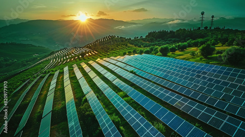 Solar panel farm. Solar panels in rural field. Sustainable energy. Eco friendly, environmental friendly. Solar energy. Renewable energy. Natural resources. 