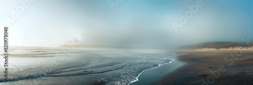 A misty morning scene along a wide serene beach with gentle waves lapping the shore.