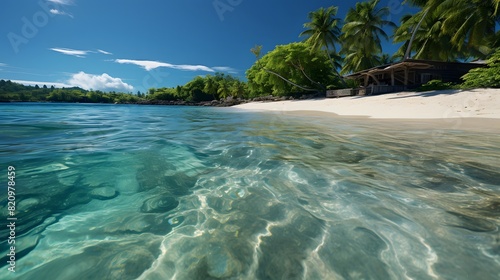 Panoramic view of a tropical beach on the Seychelles