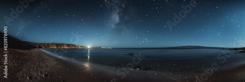 A breathtaking starry sky over a quiet beach at night with gentle ocean waves.
