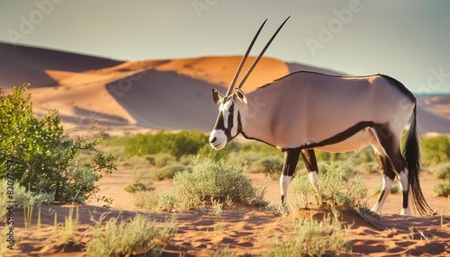 oryx african oryx or gemsbok oryx gazella searching for food in the dry red dunes of the kgalagadi transfrontier park in south africa