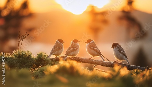 little happy birds at sunrise generative ai