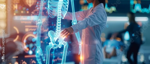 Closeup half body of a physiotherapist demonstrating a skeletal strengthening exercise with Glow HUD big Icon of skeletal system