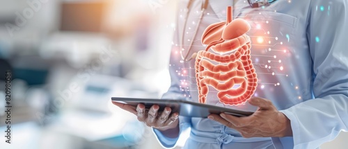 Closeup of a dietitian using a tablet to show an interactive model of the gastrointestinal tract with Glow HUD big Icon of digestive system