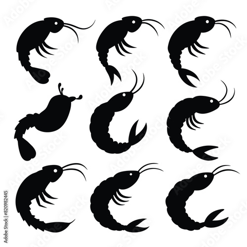 Set of Black Amano Shrimp Silhouette Vector on a white background