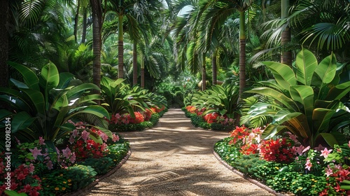 A lush botanical garden bursting with vibrant blooms and verdant foliage