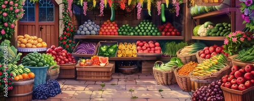 A colorful market with a variety of fruits and vegetables. Scene is cheerful and inviting