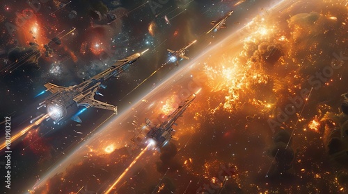 A massive space battle with starships exchanging laser fire against a backdrop of distant galaxies,