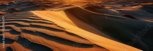 Dramatic shadows and golden light on vast desert dunes at dusk.