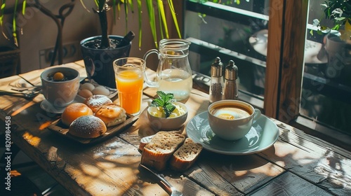 Breakfast with coffee, rolls, egg, orange juice, muesli and chee