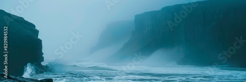 Majestic cliffs shrouded in mist tower over a turbulent sea under overcast skies.