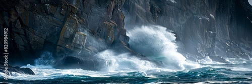 Powerful ocean waves crash against stark black cliffs under a dynamic sky.