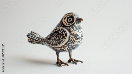 Document a ceramic sparrow figurine with intricate patterns and three eyes, set against a simple white background to accentuate its charm.