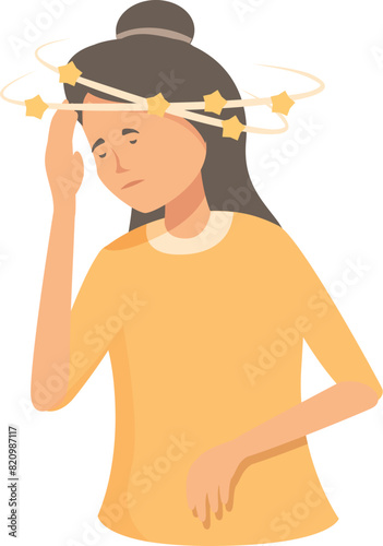 Illustration of a young female woman experiencing dizziness. Vertigo. And disequilibrium with stars and unsteadiness. Representing symptoms of a balance disorder and illness in a simple