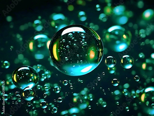 グリーンに輝く大粒のバブル。水中の気泡、球体。