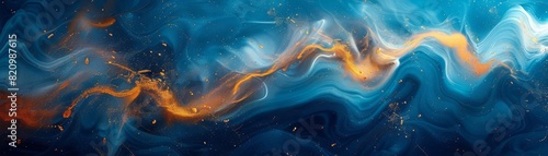 Abstract texture of liquid blue paint swirls for a vibrant background, focus on futuristic blend mode against a backdrop of gold mineral veins