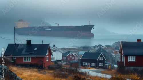 Huge cargo ship in front of a small nordic village