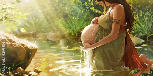 The Birth of a God - A pregnant goddess, her belly swollen with the weight of her unborn child, kneels by a pool of flowing water, her fingers dipped into the sacred liquid as she prepares birth