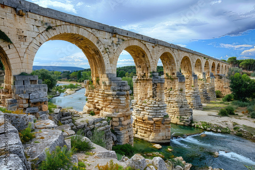 The ancient Roman aqueduct, Pont du Gard, spanning the Gardon River in southern France