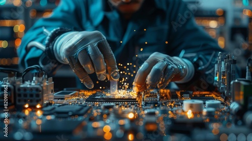 A technician wearing protective gloves works on a circuit board, soldering a component.