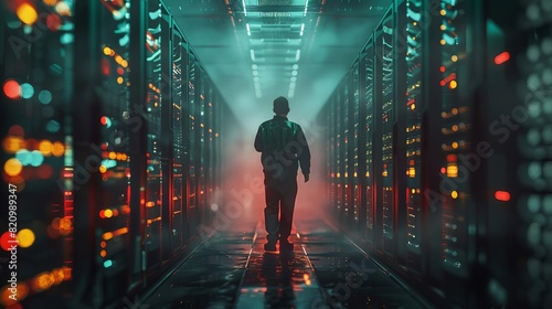 A lone figure walks through a dark and mysterious data center