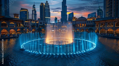 Dubai Mall with its spectacular fountain display, focus on mystical presentation and vibrant city background