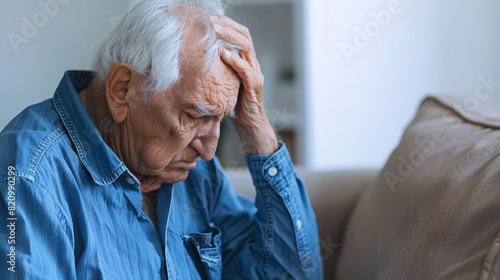 An elderly man sits on the sofa, holding his head in pain and thinking about loneliness