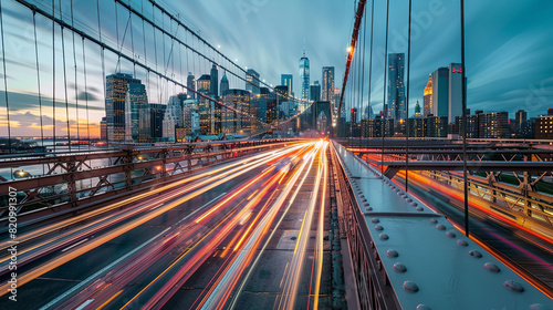 Long exposure shot of car light trails on the bridge with city skyline at blue hour in New York City