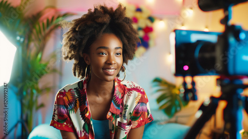 A woman is sitting in front of a camera. She is looking at the camera with a serious expression. The room is dimly lit. Young black female youtube creator filming a video in her own studio