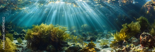 Lush underwater kelp forest lit by radiant sunbeams penetrating the clear water.