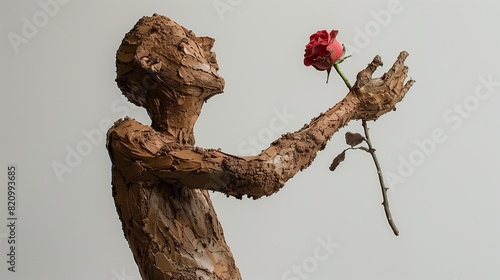 Capture a handcrafted muddy sculpture mimicking the human form, complete with a remarkably large arm and hand holding a rose, against a white background to highlight its textured and whimsical design.