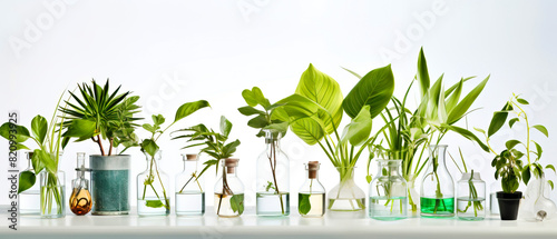 Potted plants, test tubes on table Terrestrial plants, liquid in tubes