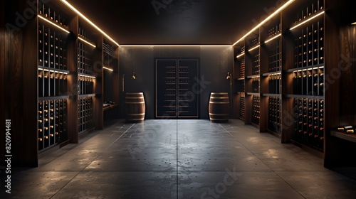 Close-up of a sophisticated wine storage setup in a custom cellar, wine racks perfectly organized, isolated background with studio lighting for advertising