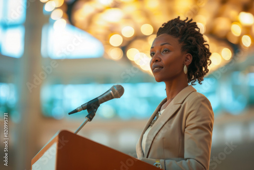 An elegant African American businesswoman, standing confidently at a podium in a prestigious conference hall, delivering a keynote speech on empowerment and leadership, her eloquence inspiring the