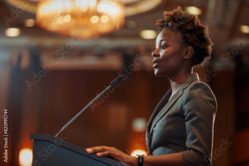 An elegant African American businesswoman, standing confidently at a podium in a prestigious conference hall, delivering a keynote speech on empowerment and leadership, her eloquence inspiring the