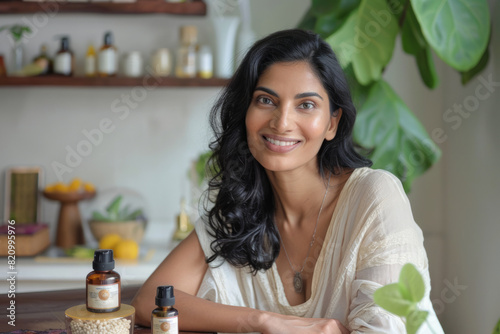 An Indian woman entrepreneur harnessing the power of Ayurveda in her natural cosmetic formulations, combining ancient wisdom with modern science to create products that promote balance, harmony, and