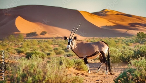 oryx african oryx or gemsbok oryx gazella searching for food in the dry red dunes of the kgalagadi transfrontier park in south africa