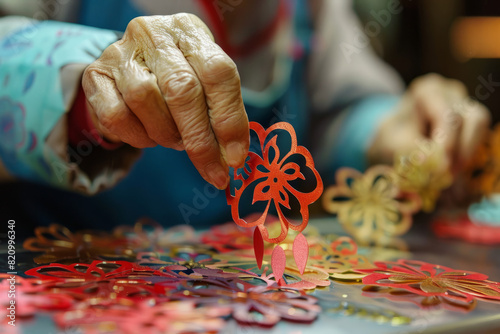 Artisans crafting intricate paper-cut decorations and lanterns by hand, infusing each creation with symbolism and meaning to usher in blessings and good fortune for the new year.