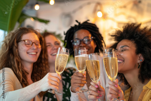 Multicultural female entrepreneurs, celebrating a milestone achievement in a trendy coworking space, toasting to their collective triumph with champagne, their radiant smiles reflecting resilience and