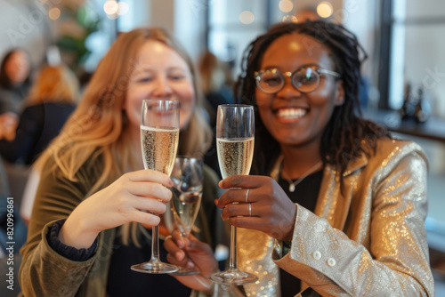 Multicultural female entrepreneurs, celebrating a milestone achievement in a trendy coworking space, toasting to their collective triumph with champagne, their radiant smiles reflecting resilience and