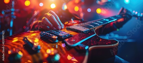 close up of guitarist on stage concert background, soft focus and blurred concept